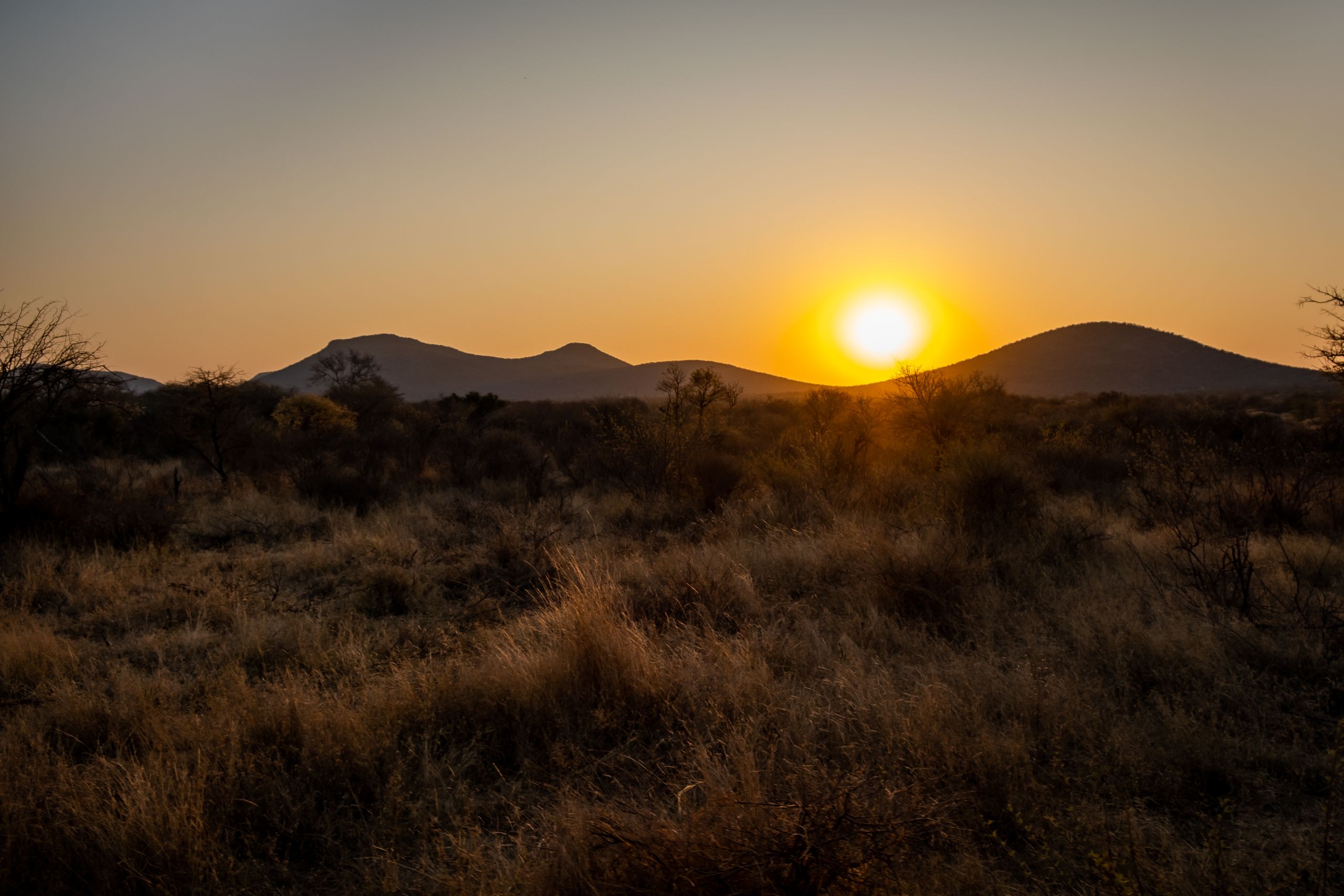Stunning sunset view over the hills and grasslands of Mokolodi Nature Reserve, Botswana.